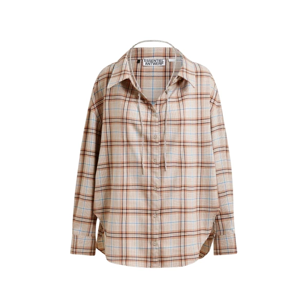 Essentiel Antwerp Beige, orange and blue oversized plaid shirt with rhinestone chain