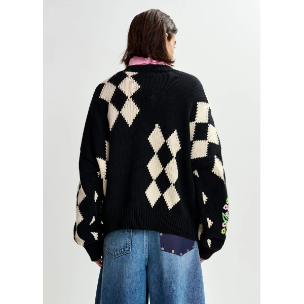 Essentiel Antwerp Black and off-white oversized jacquard knit sweater, view 4