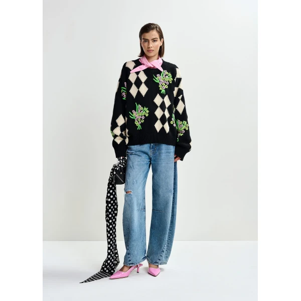 Essentiel Antwerp Black and off-white oversized jacquard knit sweater, view 6