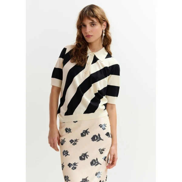 Essentiel Antwerp Black and off-white striped polo with embellished collar Top, view 3