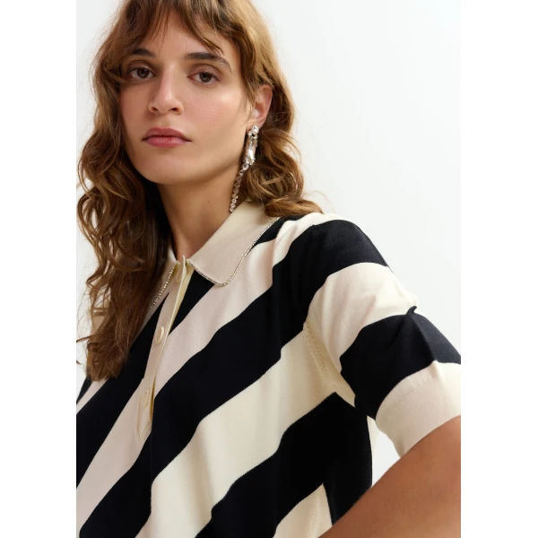 Essentiel Antwerp Black and off-white striped polo with embellished collar Top, view 4