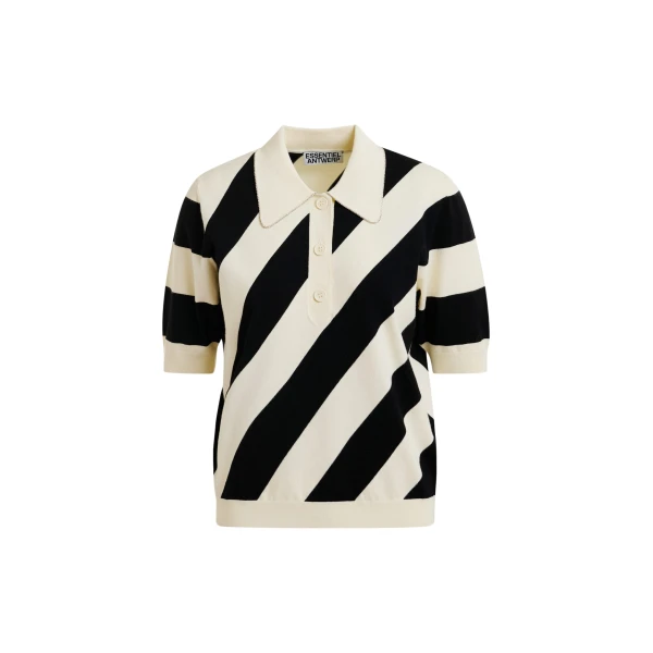 Essentiel Antwerp Black and off-white striped polo with embellished collar Top