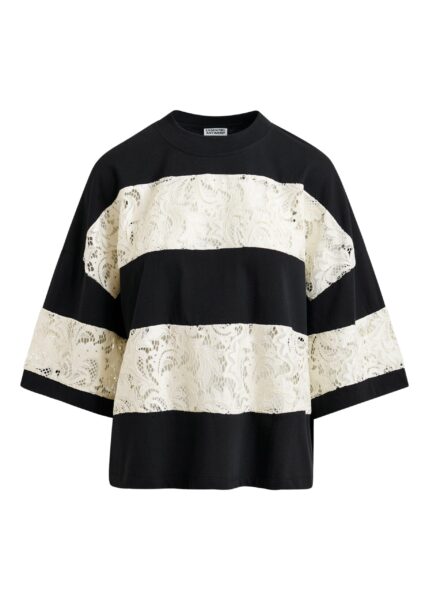 Black and white organic cotton striped lace insert T-shirt