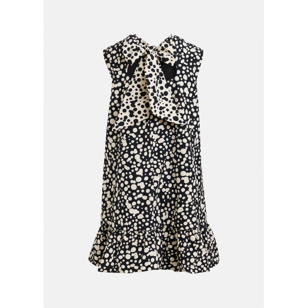 Essentiel Antwerp Black and white ruffled mini dress with open-back and bow detail, view 2