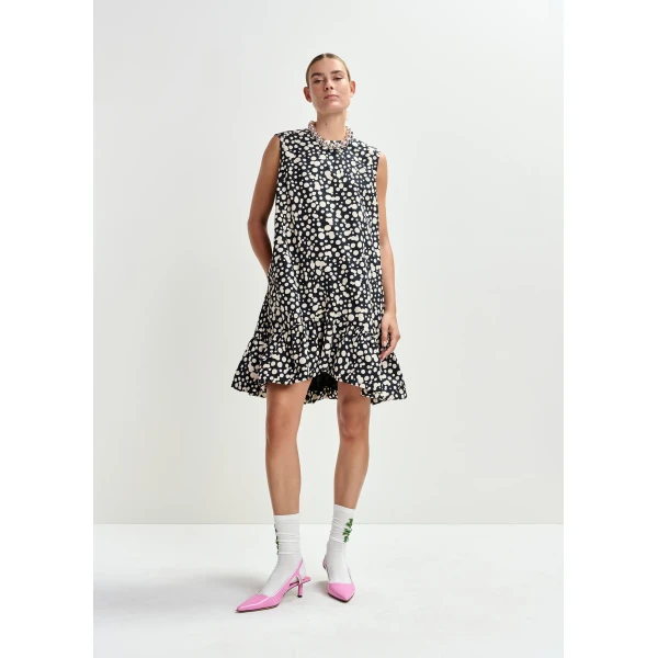 Essentiel Antwerp Black and white ruffled mini dress with open-back and bow detail, view 3