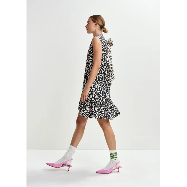 Essentiel Antwerp Black and white ruffled mini dress with open-back and bow detail, view 4