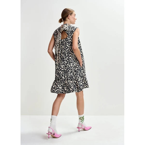 Essentiel Antwerp Black and white ruffled mini dress with open-back and bow detail, view 5