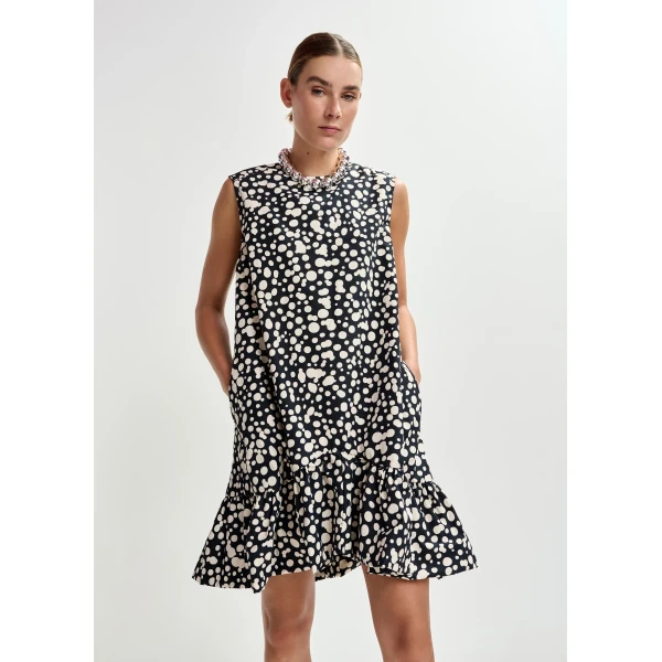 Essentiel Antwerp Black and white ruffled mini dress with open-back and bow detail, view 6