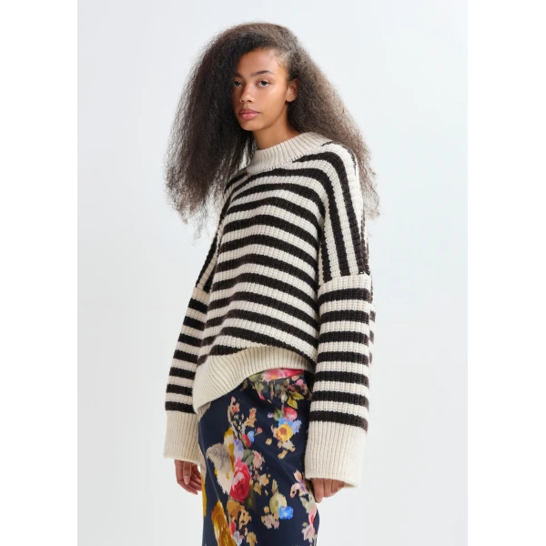 Essentiel Antwerp Black and white striped alpaca wool-blend ribbed-knit sweater, view 3
