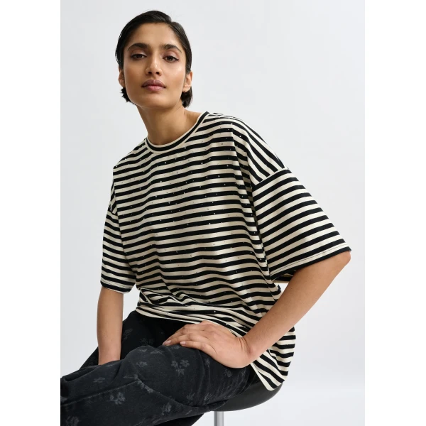 Essentiel Antwerp Black and white striped rhinestone-embellished oversized cotton T-shirt Top, view 2