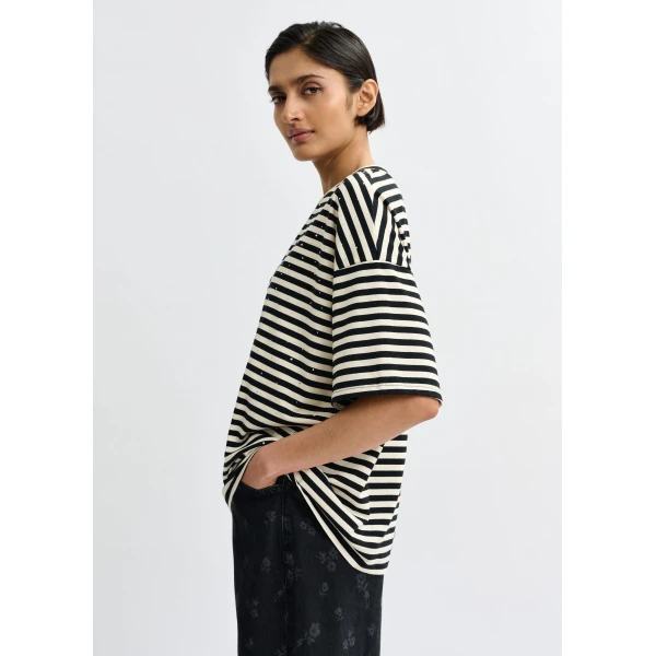 Essentiel Antwerp Black and white striped rhinestone-embellished oversized cotton T-shirt Top, view 3