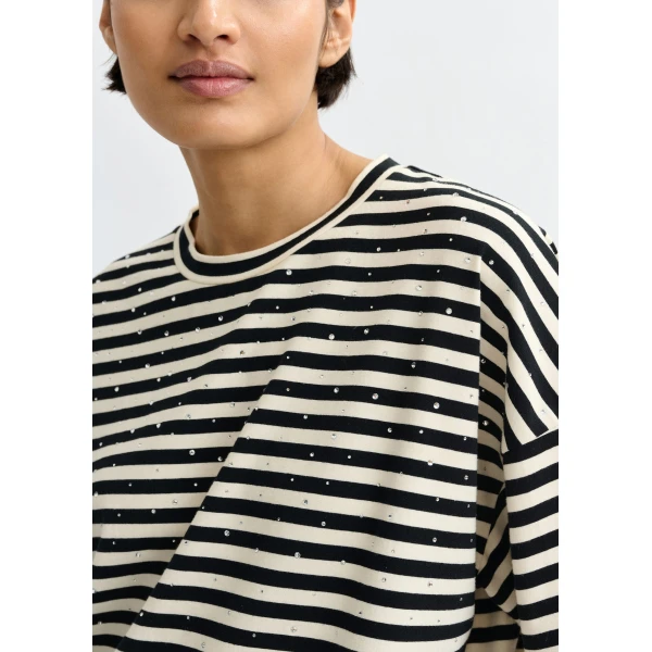 Essentiel Antwerp Black and white striped rhinestone-embellished oversized cotton T-shirt Top, view 4