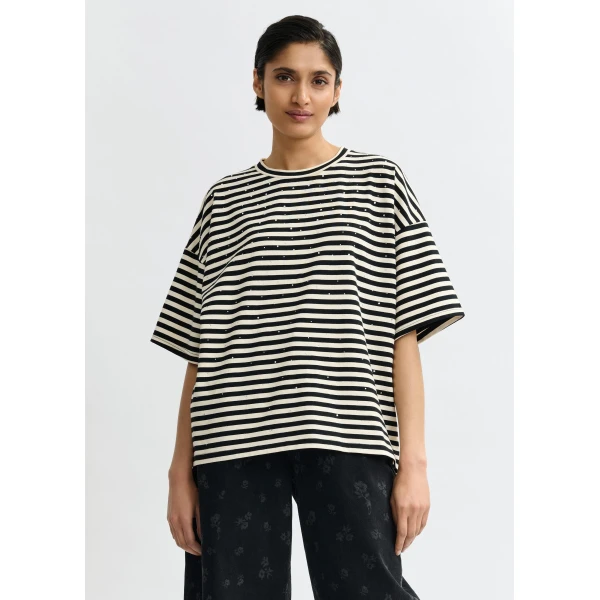 Essentiel Antwerp Black and white striped rhinestone-embellished oversized cotton T-shirt Top, view 5