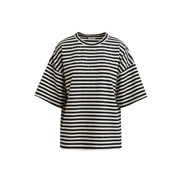 Essentiel Antwerp Black and white striped rhinestone-embellished oversized cotton T-shirt Top
