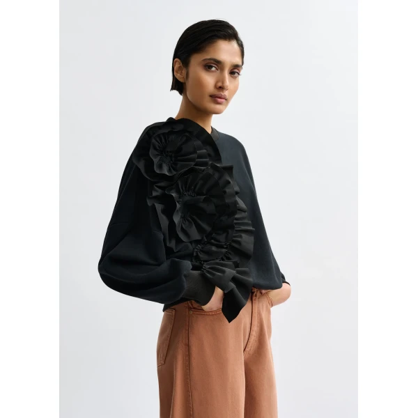 Essentiel Antwerp Black cotton-blend sweatshirt with ruffle details Top, view 6