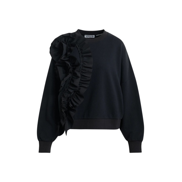 Black cotton-blend sweatshirt with ruffle details