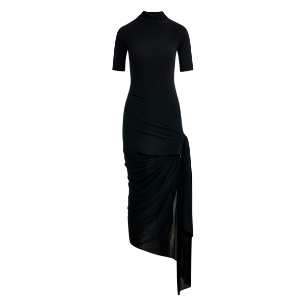 Black fitted jersey dress with ruched draping and side slit