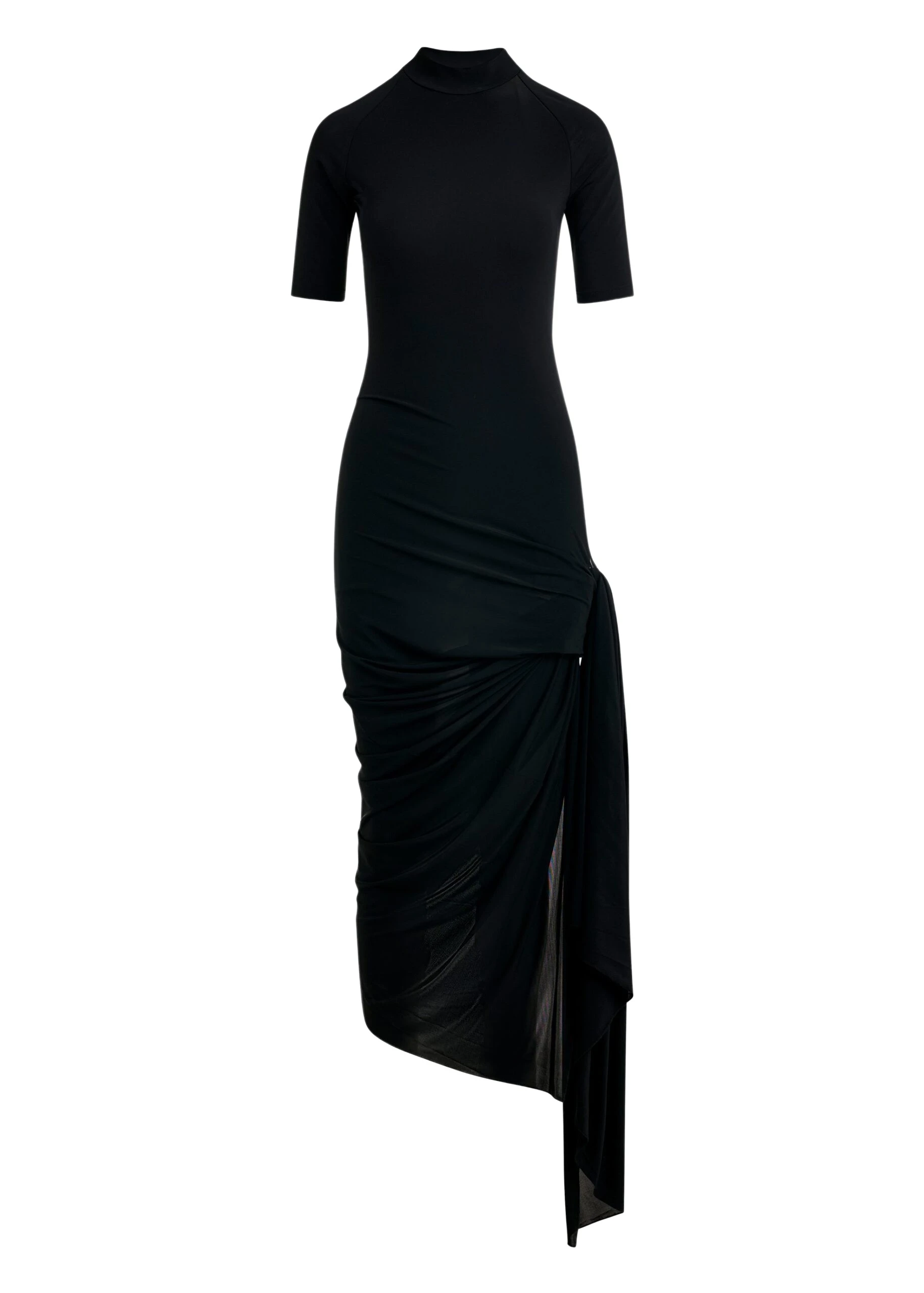 Essentiel Antwerp Black fitted jersey dress with ruched draping and side slit