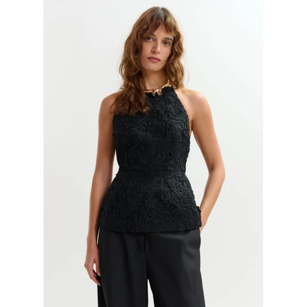 Essentiel Antwerp Black floral lace halter peplum top, view 2