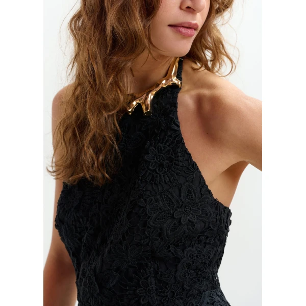 Essentiel Antwerp Black floral lace halter peplum top, view 3
