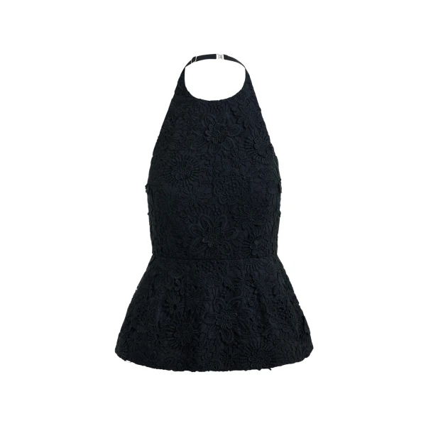Essentiel Antwerp Black floral lace halter peplum top