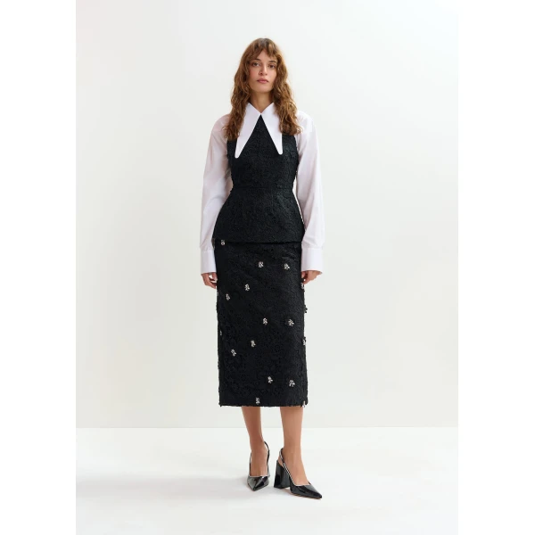 Essentiel Antwerp Black floral lace pencil skirt with rhinestone embellishments, view 2