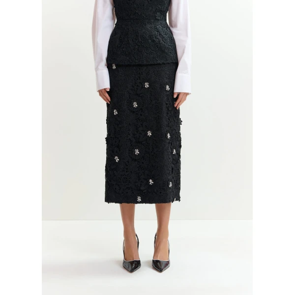 Essentiel Antwerp Black floral lace pencil skirt with rhinestone embellishments, view 3
