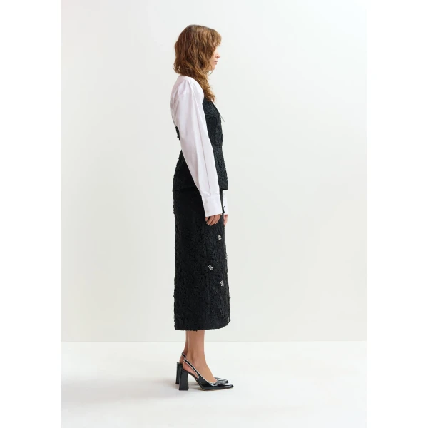 Essentiel Antwerp Black floral lace pencil skirt with rhinestone embellishments, view 4