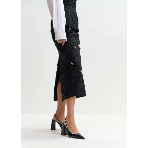 Essentiel Antwerp Black floral lace pencil skirt with rhinestone embellishments, view 5