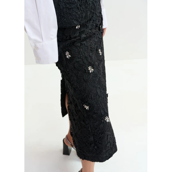 Essentiel Antwerp Black floral lace pencil skirt with rhinestone embellishments, view 6