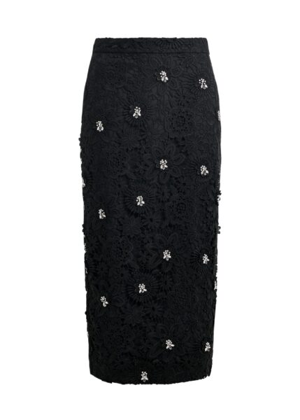 Black floral lace pencil skirt with rhinestone embellishments