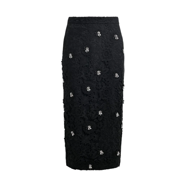 Essentiel Antwerp Black floral lace pencil skirt with rhinestone embellishments
