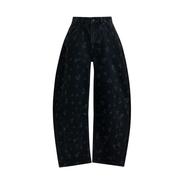 Essentiel Antwerp Black floral-print barrel-leg cropped jeans