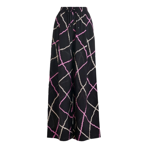 Essentiel Antwerp Black, pink and beige check print wide-leg pants