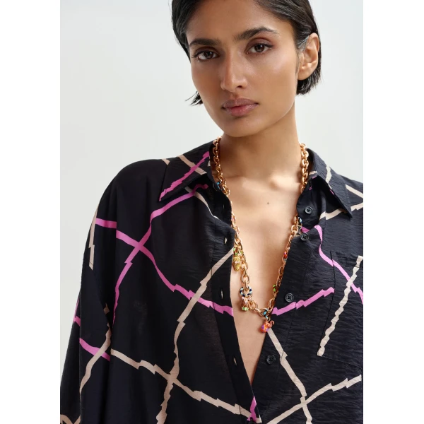 Essentiel Antwerp Black, pink and beige oversized check shirt, view 3