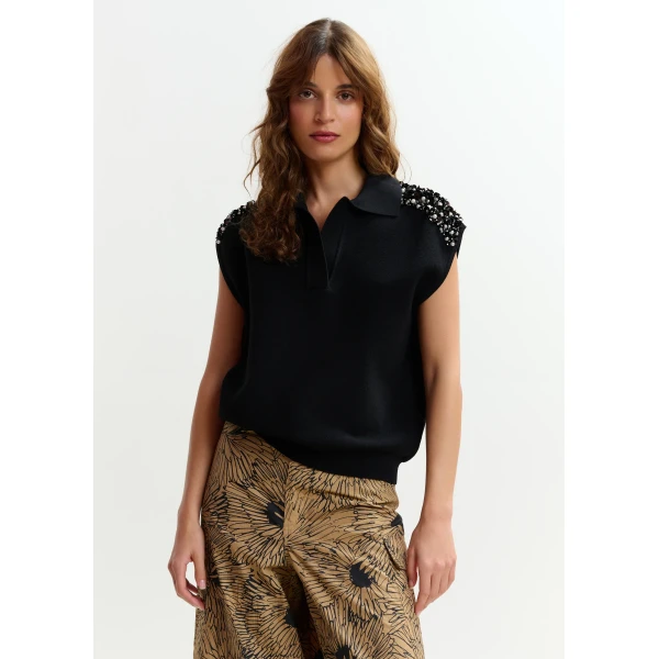 Essentiel Antwerp Black sleeveless polo with off-white embellished shoulders Top, view 3