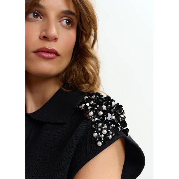 Essentiel Antwerp Black sleeveless polo with off-white embellished shoulders Top, view 4