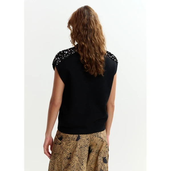 Essentiel Antwerp Black sleeveless polo with off-white embellished shoulders Top, view 5