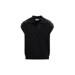 Essentiel Antwerp Black sleeveless polo with off-white embellished shoulders Top
