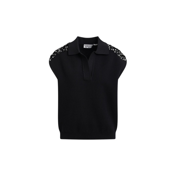 Black sleeveless polo with off-white embellished shoulders