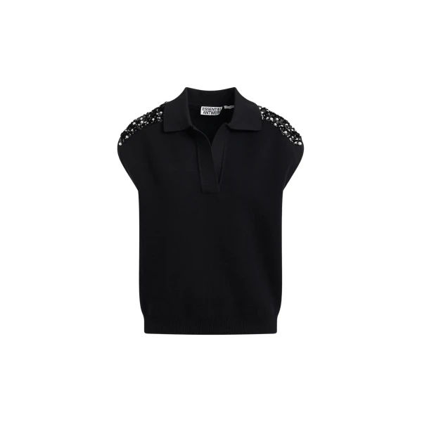 Essentiel Antwerp Black sleeveless polo with off-white embellished shoulders Top