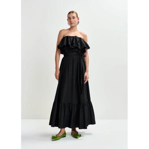 Essentiel Antwerp Black strapless cotton maxi dress with ruffles, view 3