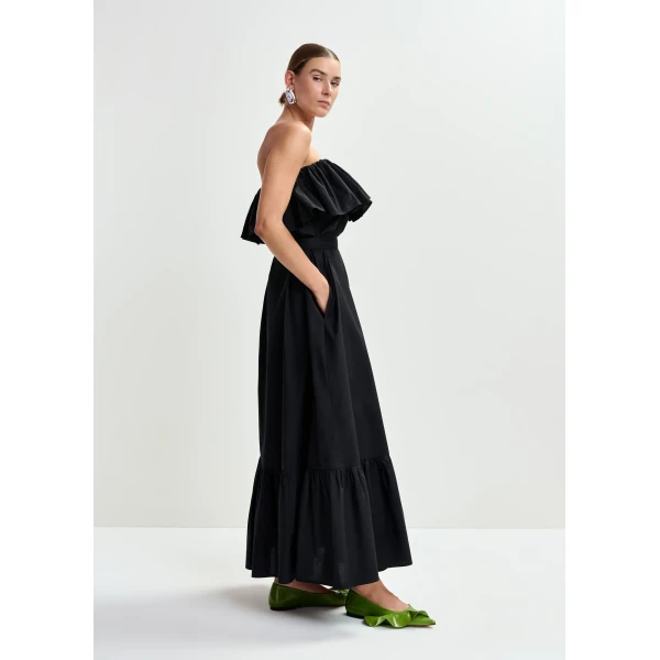 Essentiel Antwerp Black strapless cotton maxi dress with ruffles, view 4