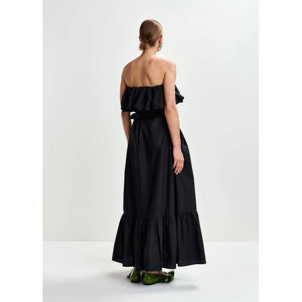 Essentiel Antwerp Black strapless cotton maxi dress with ruffles, view 5