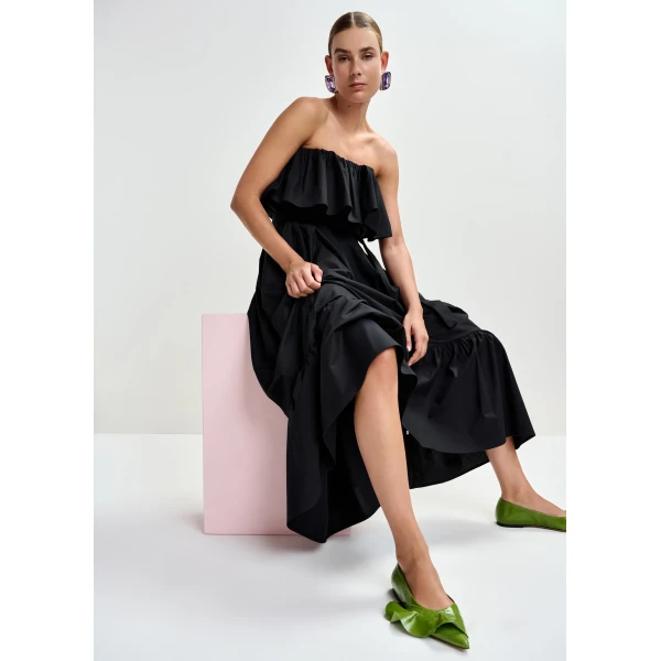 Essentiel Antwerp Black strapless cotton maxi dress with ruffles, view 6