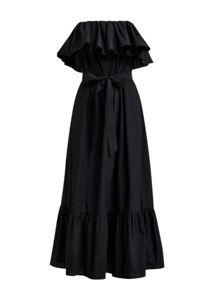 Black strapless cotton maxi dress with ruffles