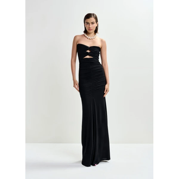 Essentiel Antwerp Black strapless maxi dress with sculpted ruching and a subtle cut-out detail, view 3