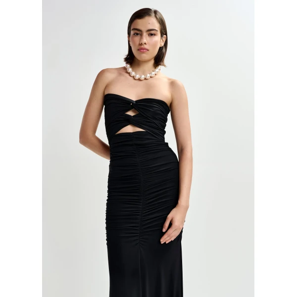 Essentiel Antwerp Black strapless maxi dress with sculpted ruching and a subtle cut-out detail, view 4