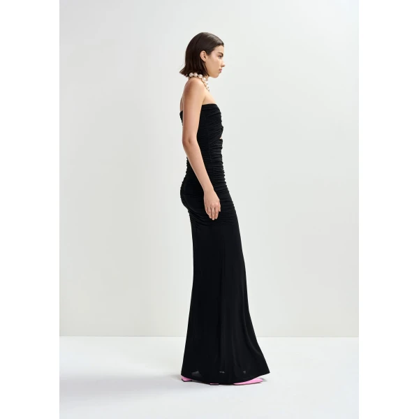 Essentiel Antwerp Black strapless maxi dress with sculpted ruching and a subtle cut-out detail, view 5