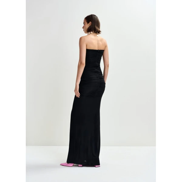 Essentiel Antwerp Black strapless maxi dress with sculpted ruching and a subtle cut-out detail, view 6
